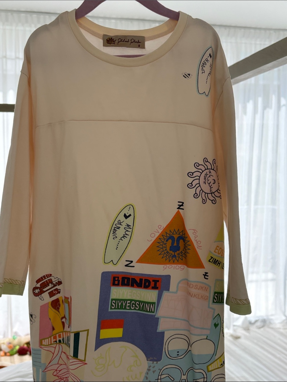 Cream Graphic Long-Sleeve Tee Dress for Kids by